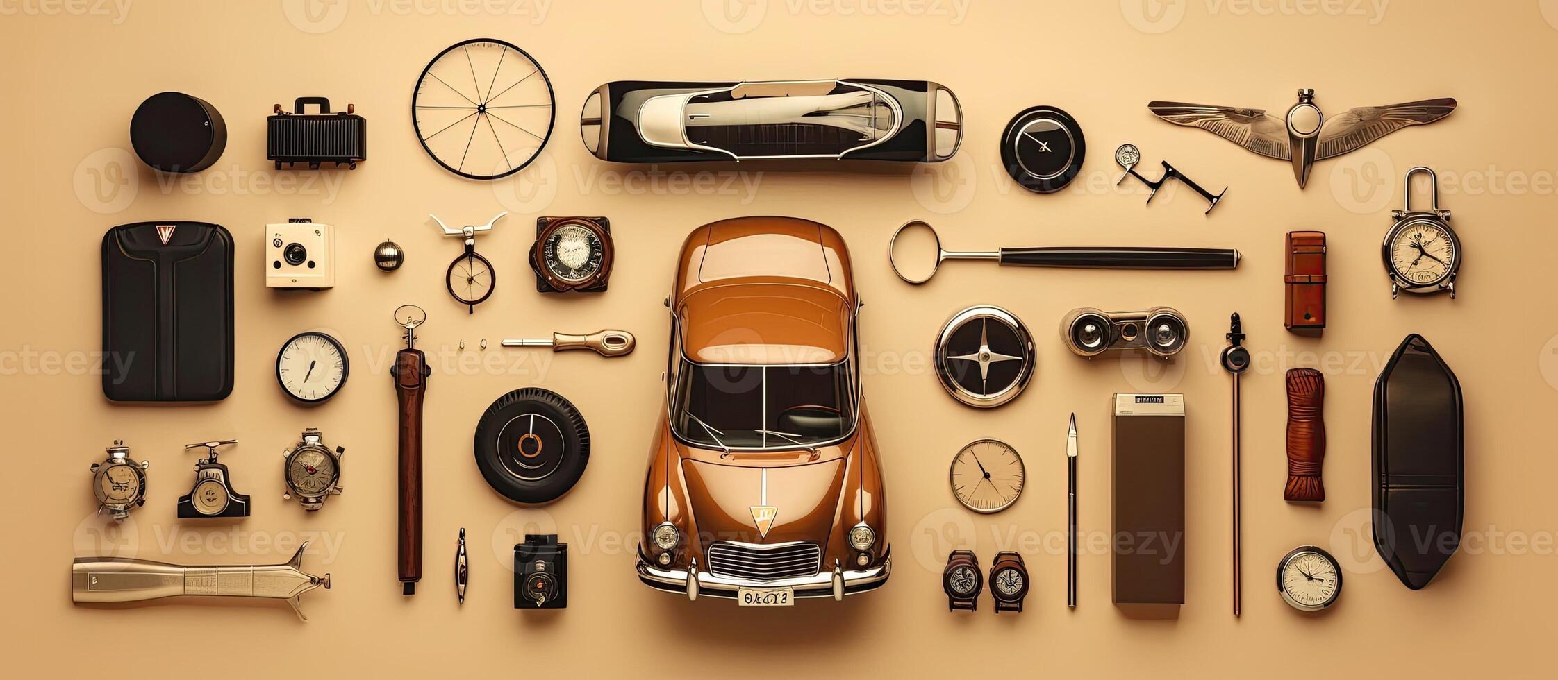 A car surrounded by many different types of items created with Generative AI technology photo