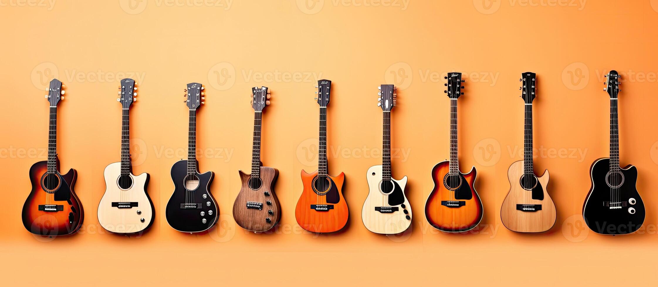 A row of guitars lined up against an orange background created with technology photo
