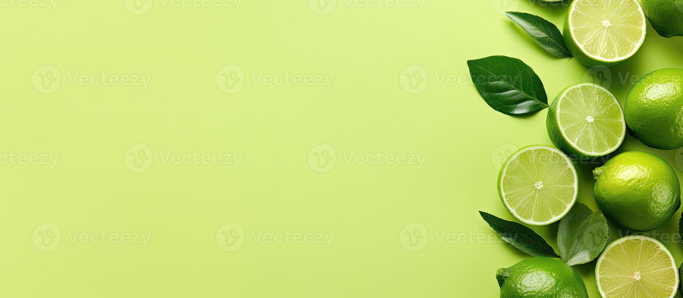 Limes and lime leaves on a green background created with technology photo