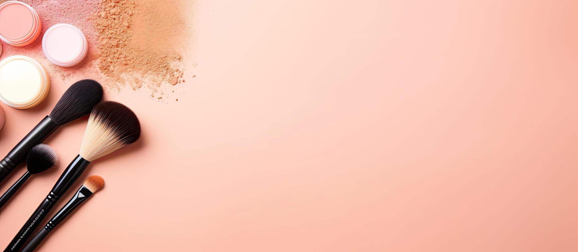 Makeup brushes and powder on a pink background created with technology photo