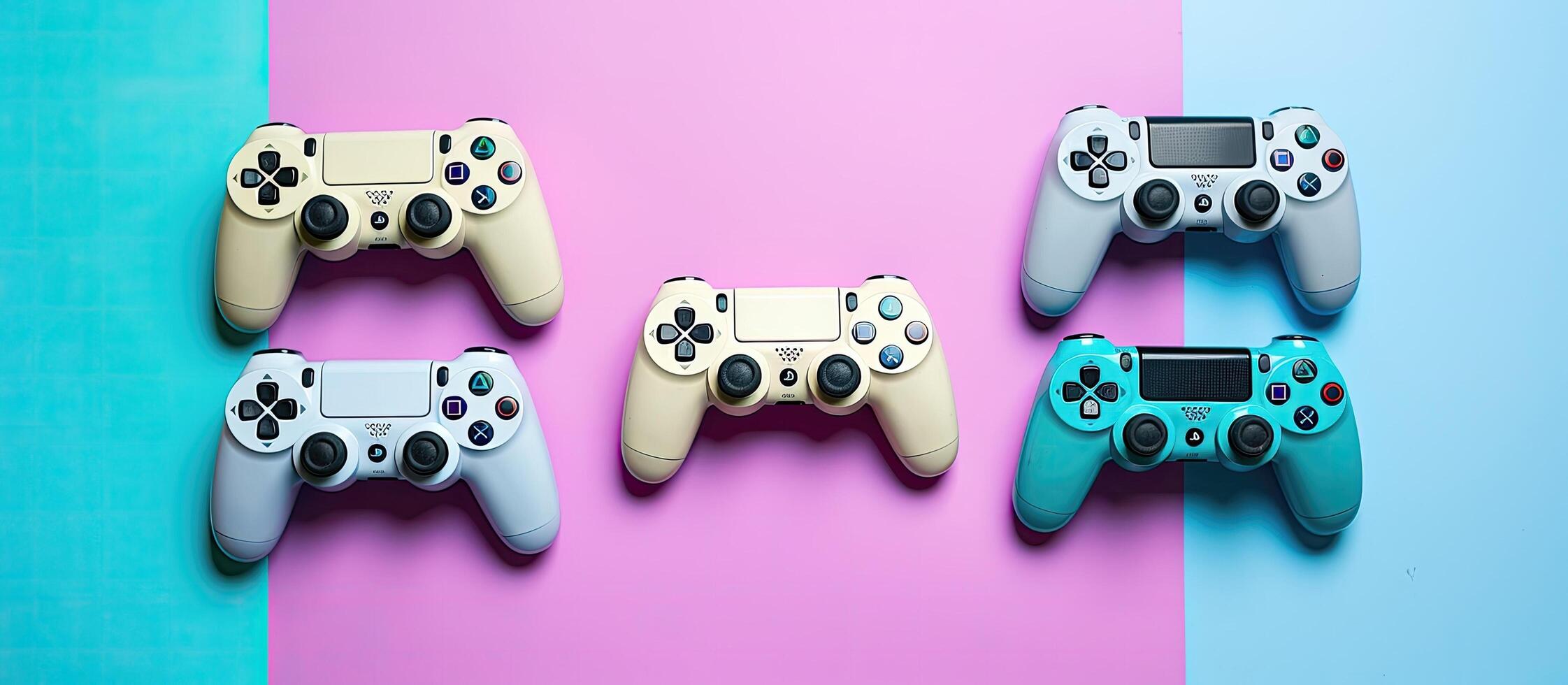 Four video game controllers sitting next to each other created with Generative AI technology photo