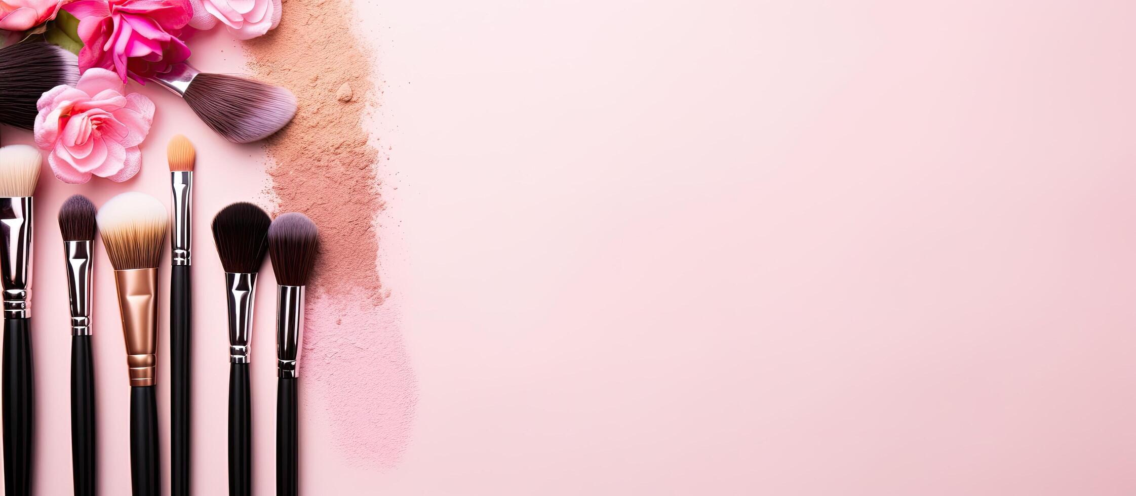 A bunch of makeup brushes sitting on top of a table created with technology photo