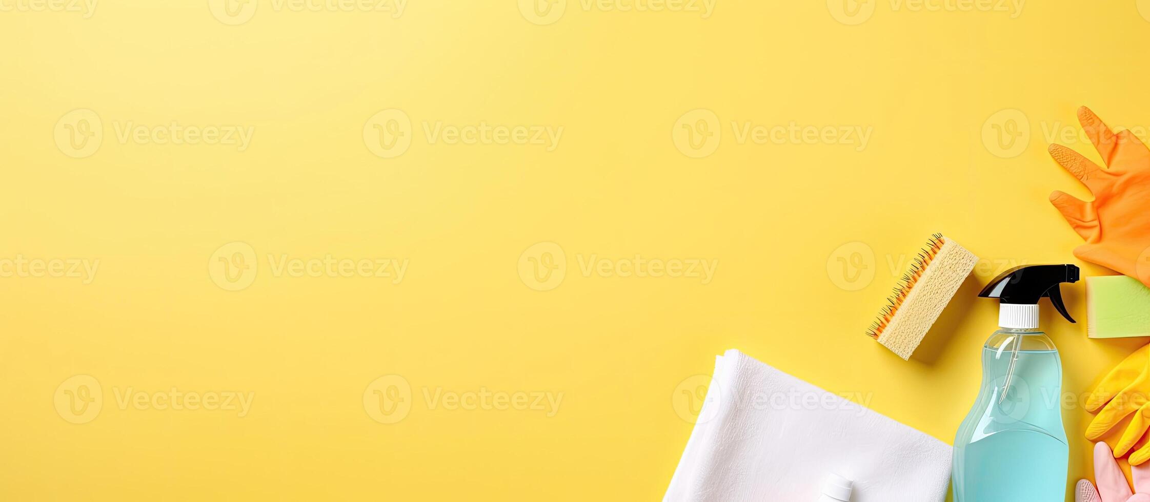 A yellow background with a bottle of cleaner and a brush created with technology photo