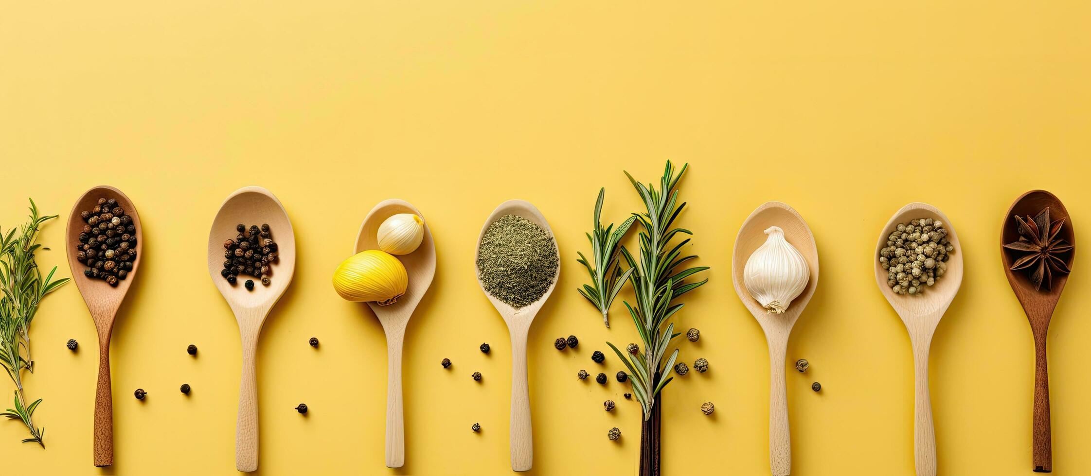 A row of spoons filled with different types of spices created with Generative AI technology photo