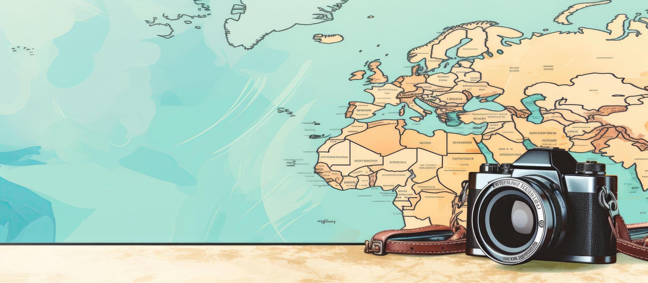A camera sitting on a table in front of a map created with technology photo
