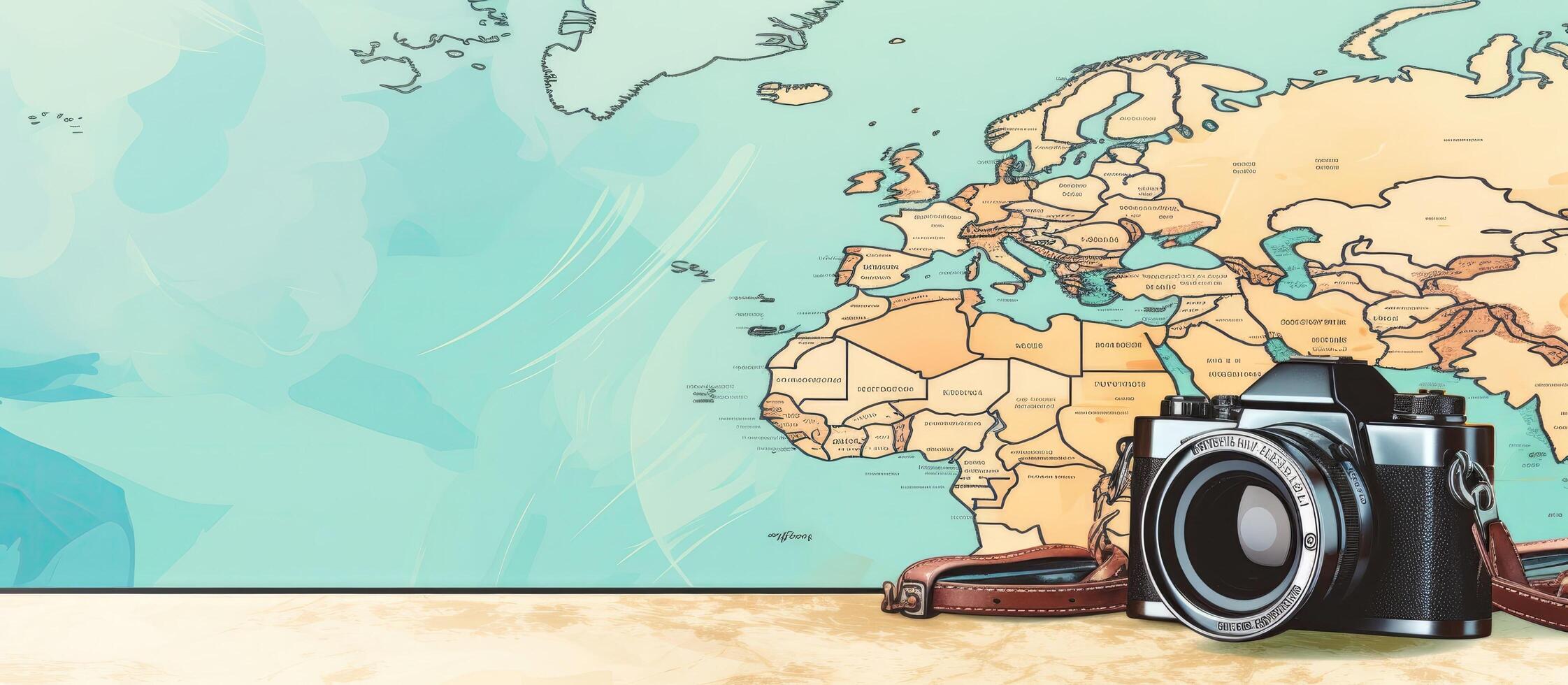 A camera sitting on a table in front of a map created with Generative AI technology photo