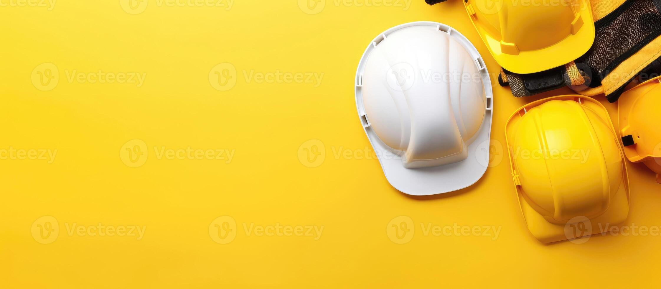 A helmet, hard hat, and other construction equipment on a yellow background created with Generative AI technology photo