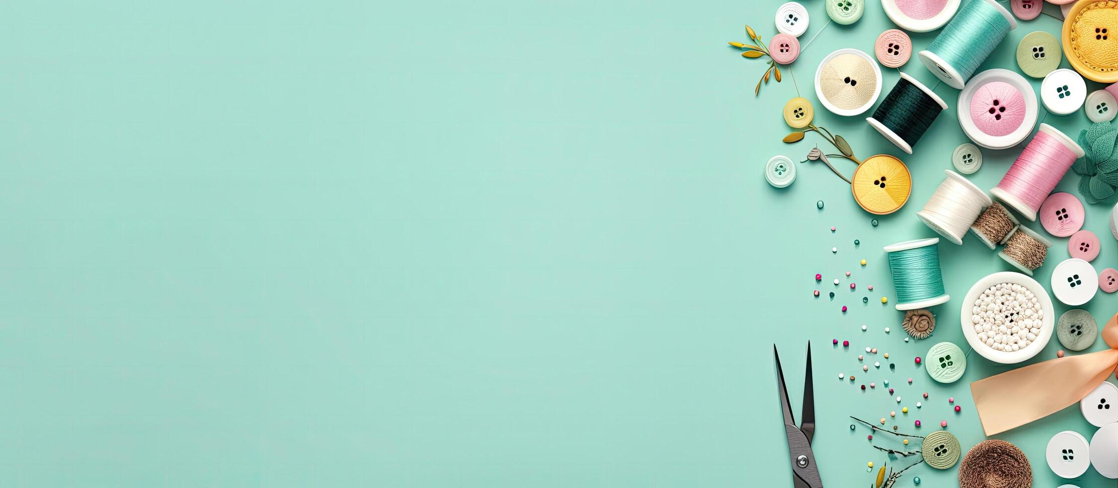 A bunch of sewing supplies on a blue background created with technology photo