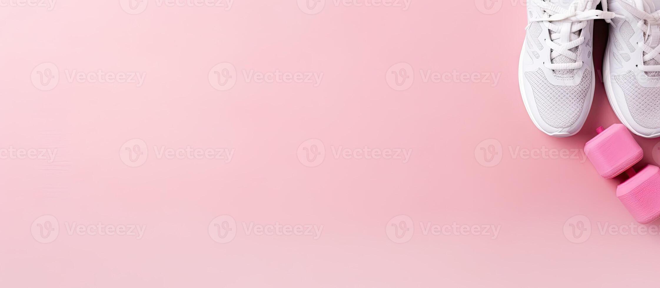 A pair of white sneakers and pink dumbs on a pink background created with technology photo