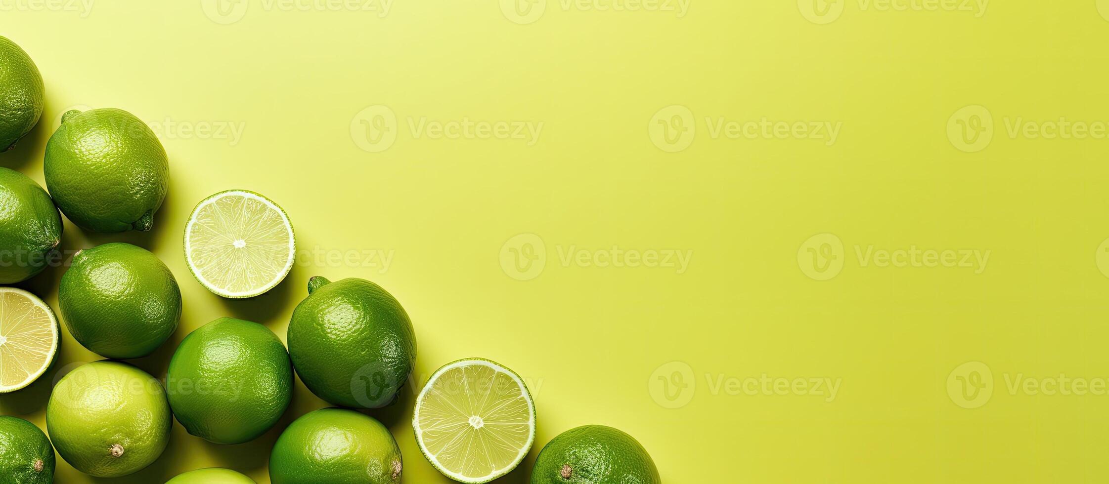 A pile of limes and lime slices on a yellow background created with Generative AI technology photo