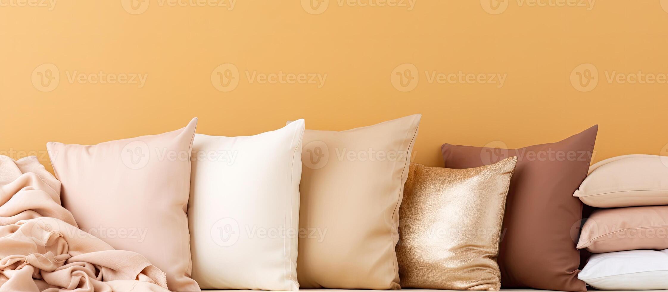 A pile of pillows sitting on top of a table created with technology photo