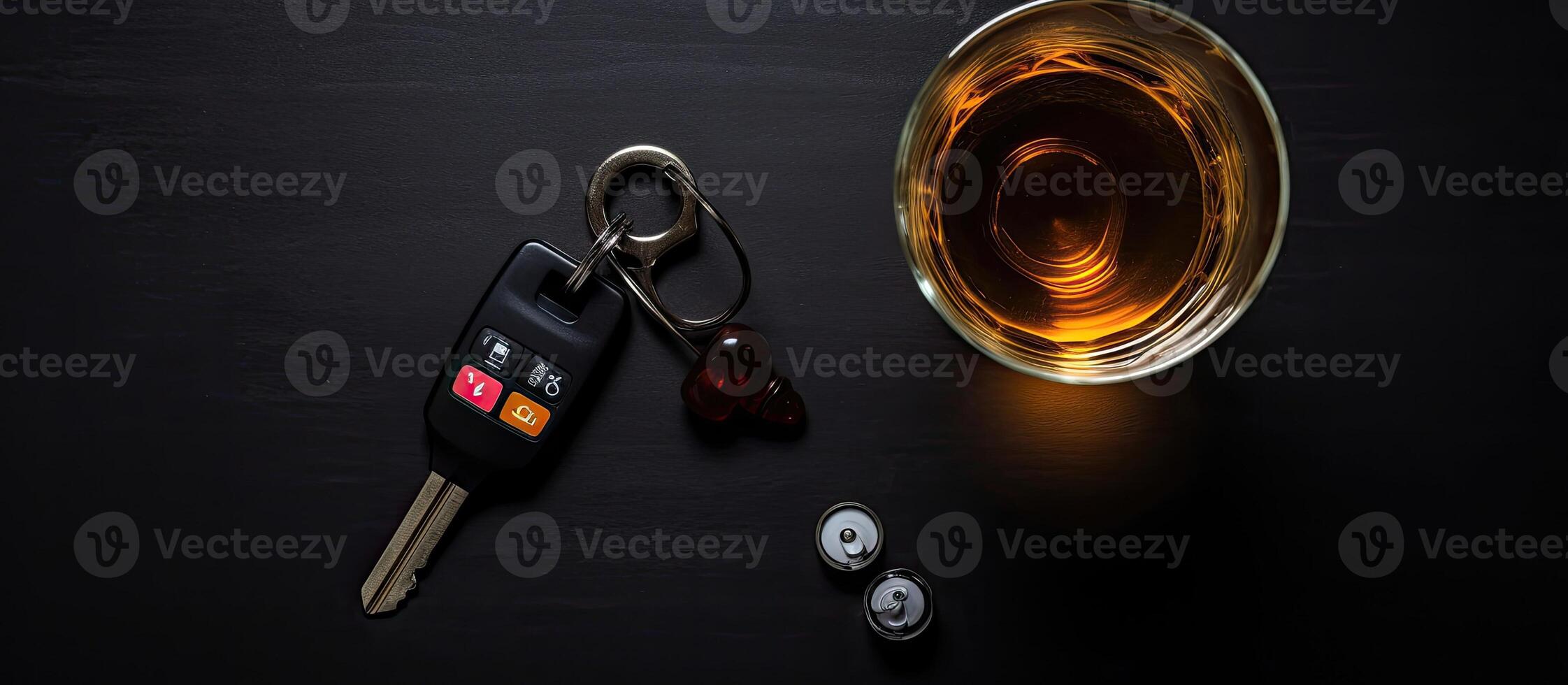 A glass of alcohol, a car key, and a pair of keys created with Generative AI technology photo