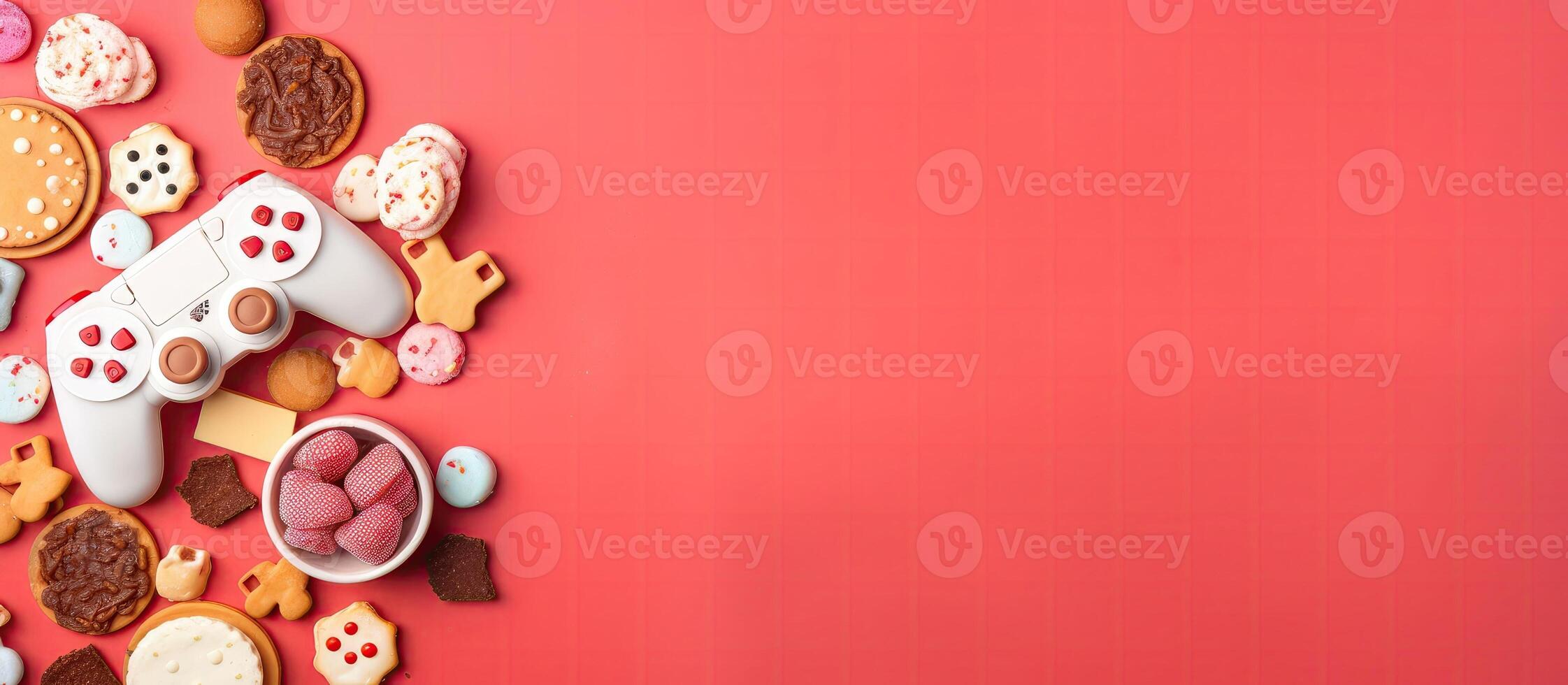 A pink background with cookies, cookies, and a game controller created with technology photo