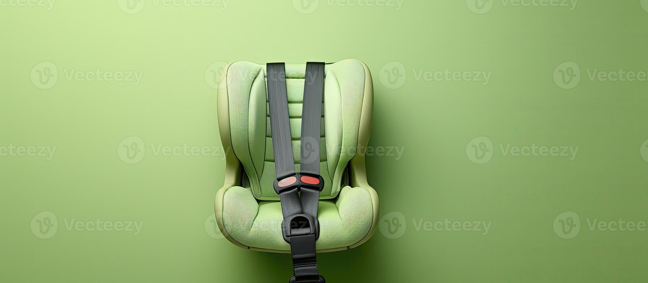 A child's car seat hanging on a green wall created with technology photo