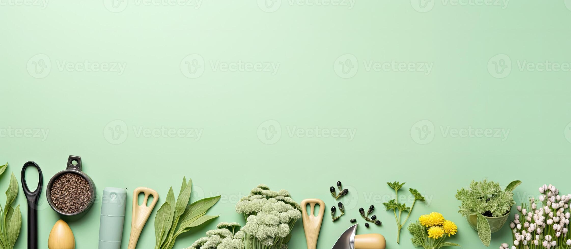 A group of gardening tools sitting on top of a table created with technology photo