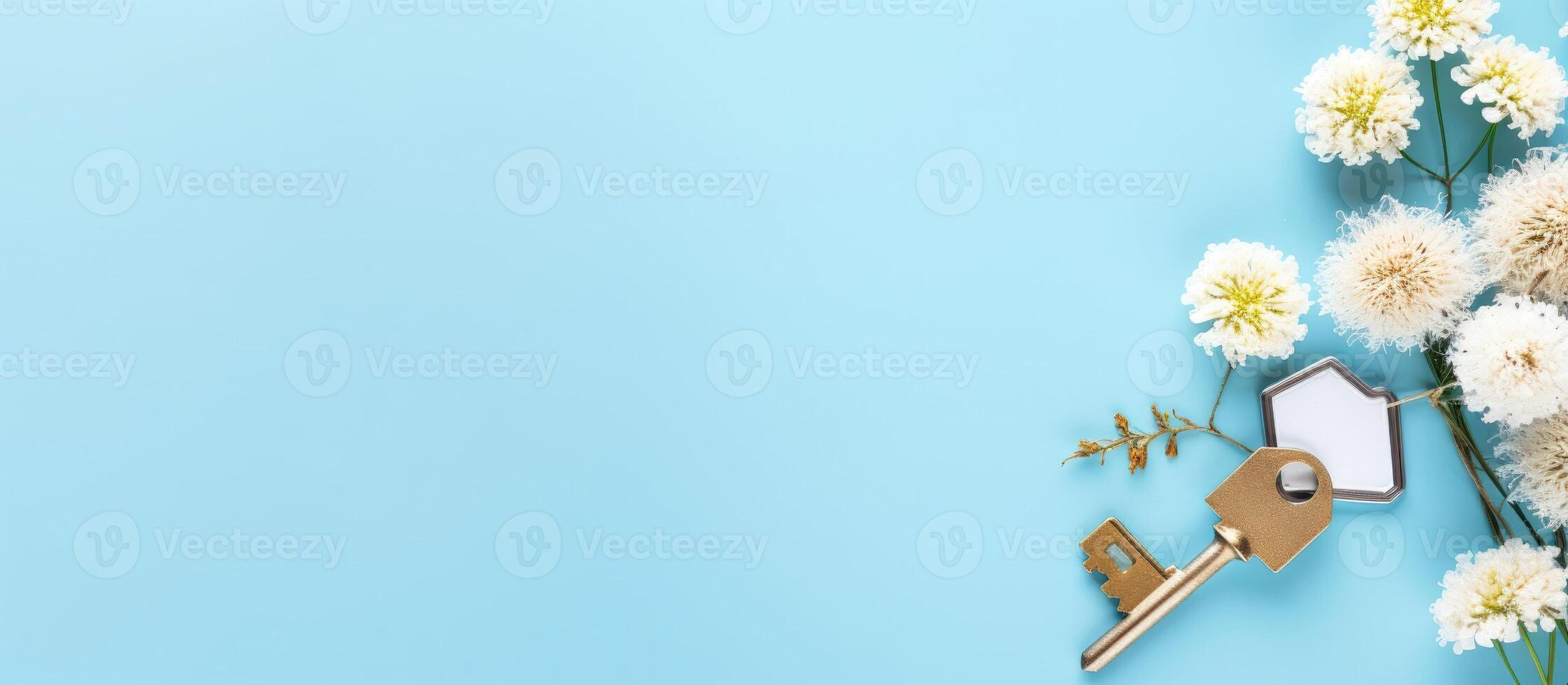 A bunch of flowers and a key on a blue background created with technology photo