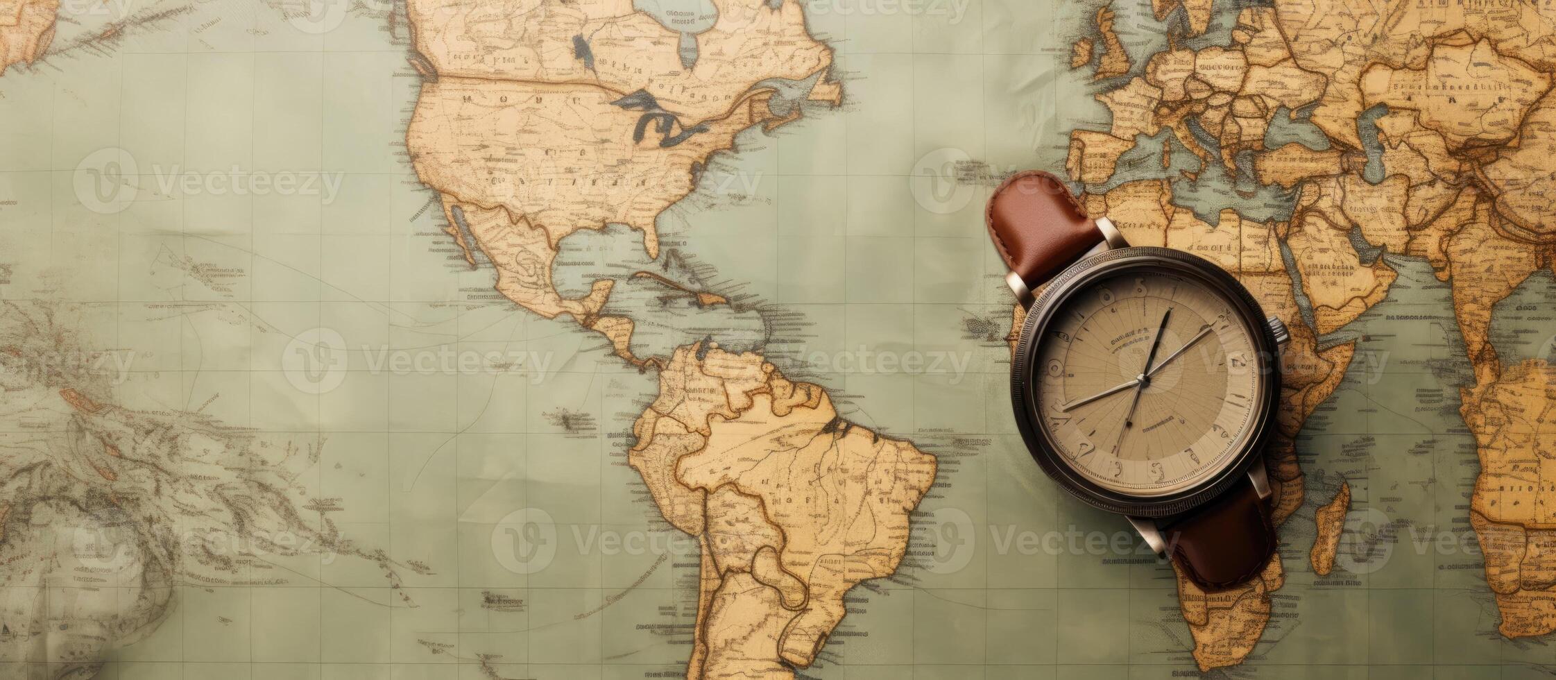 A watch sitting on top of a map of the world created with Generative AI technology photo