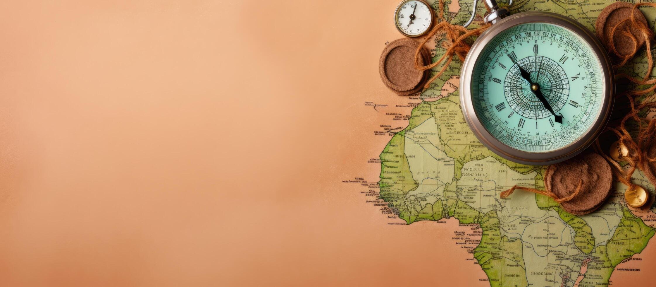 A clock on a map with coins around it created with technology photo