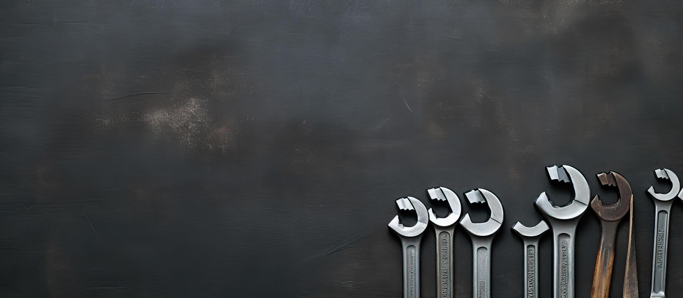 A group of wrenches sitting on top of a black wall created with technology photo