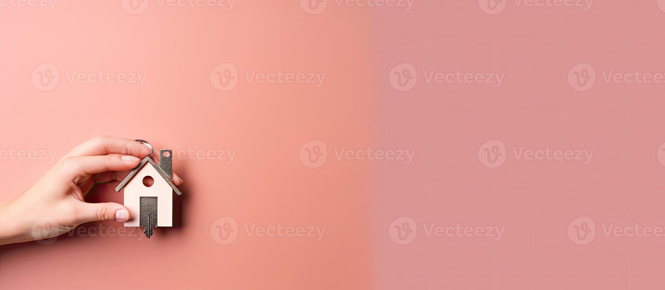 A person holding a house key in front of a pink wall created with technology photo