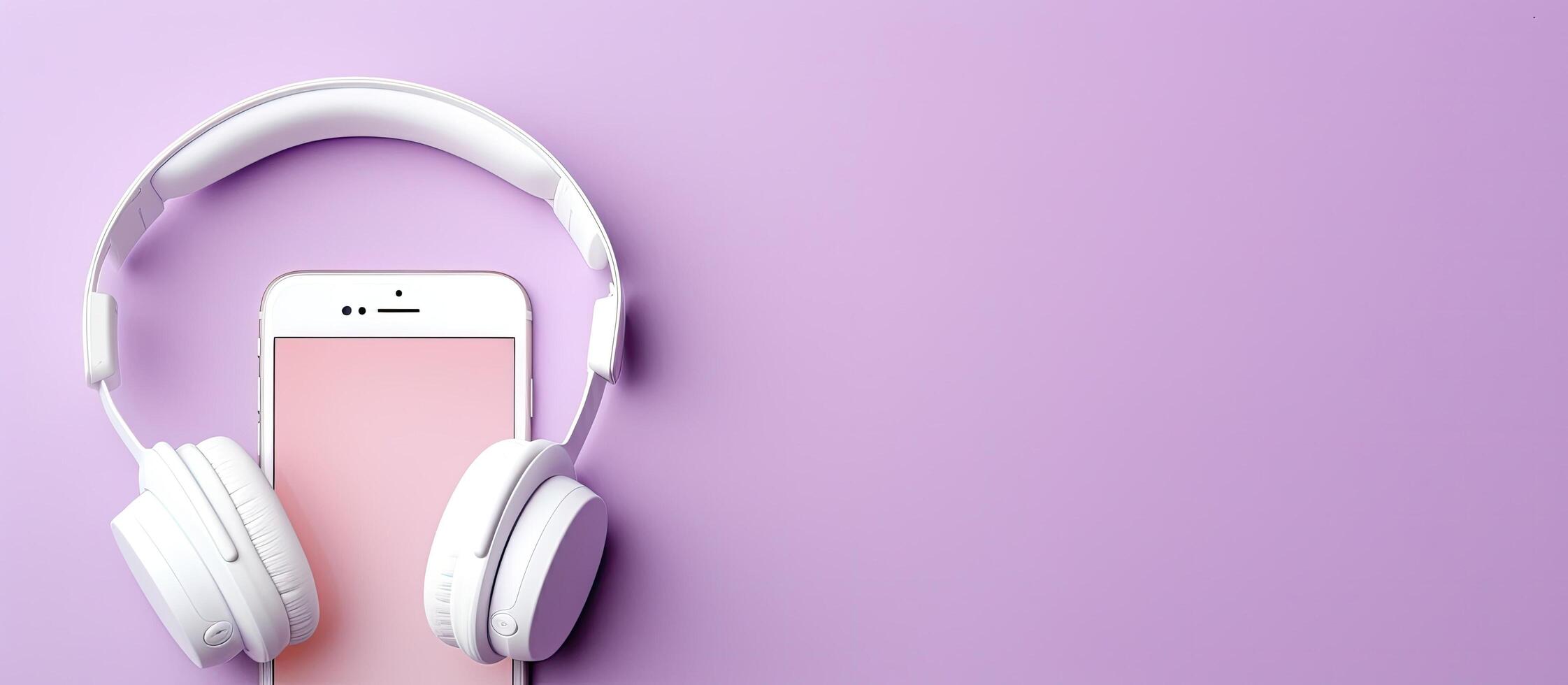A pair of headphones and a phone on a purple background created with technology photo
