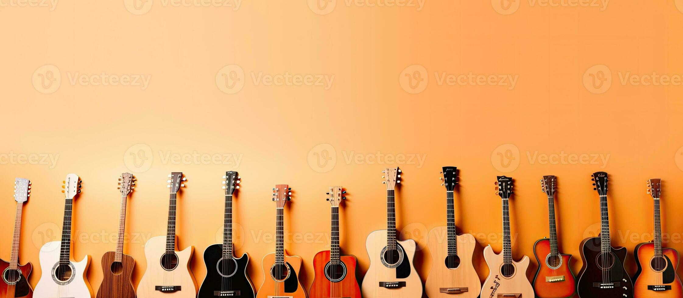 A row of guitars lined up against a wall created with Generative AI technology photo