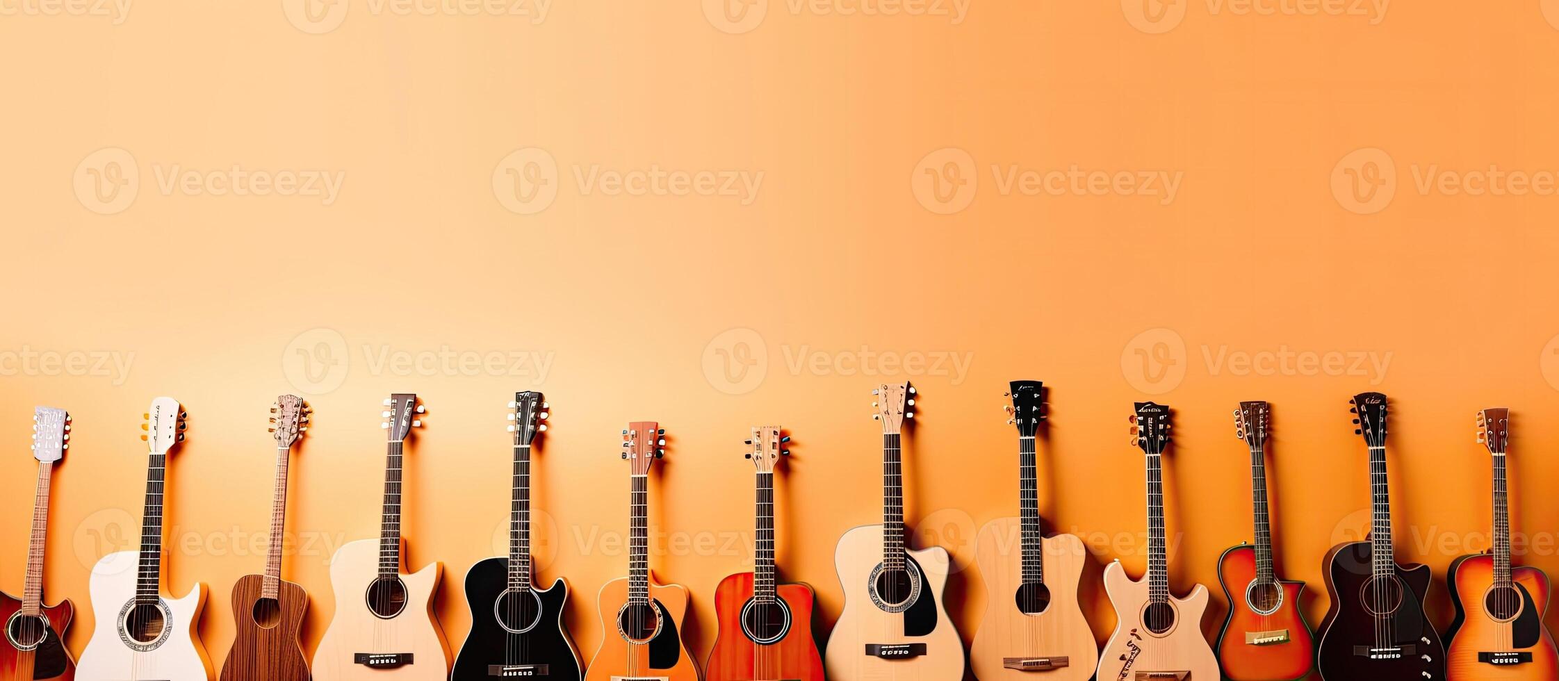A row of guitars lined up against a wall created with technology photo