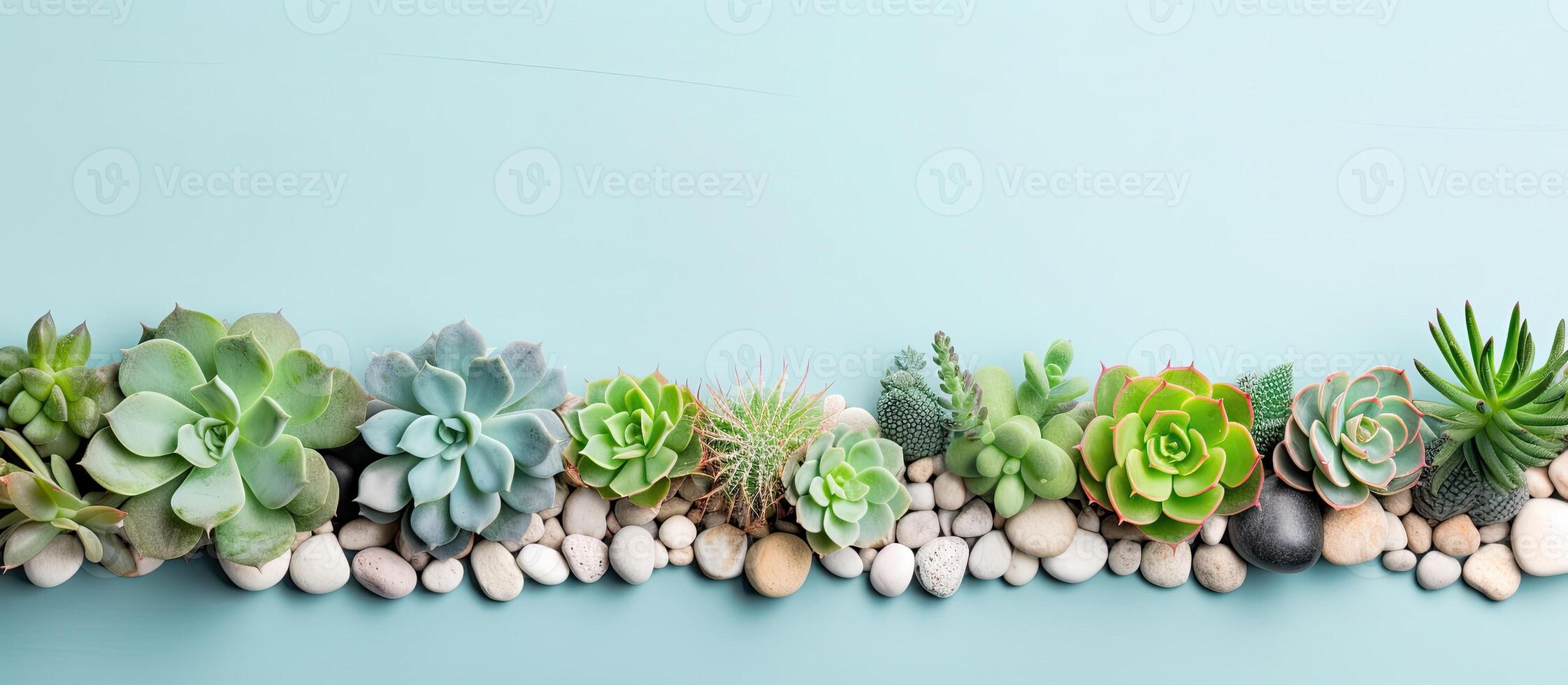 A row of succulents and rocks on a blue background created with technology photo