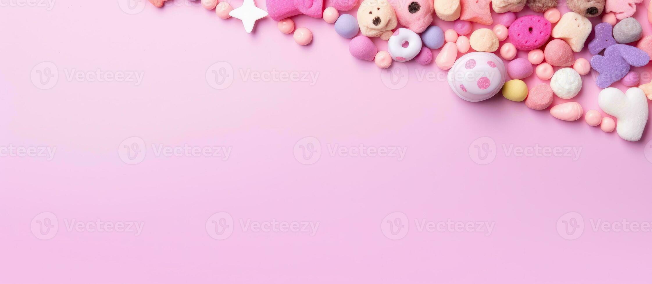 un rosado antecedentes con un lote de pequeño juguetes creado con generativo ai tecnología foto