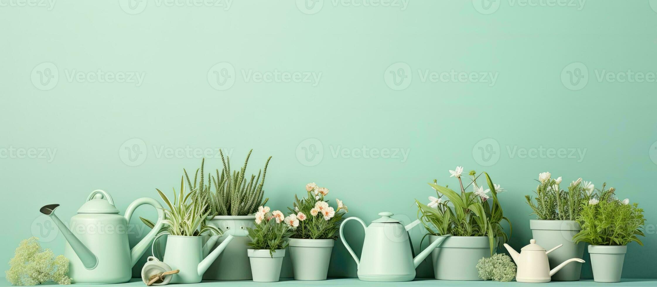 A row of watering cans filled with plants created with Generative AI technology photo