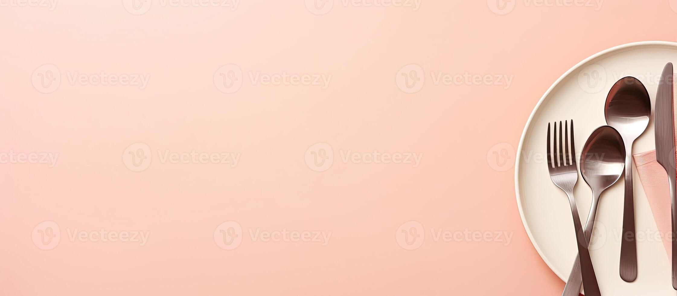 A white plate topped with silverware next to a pink wall created with technology photo