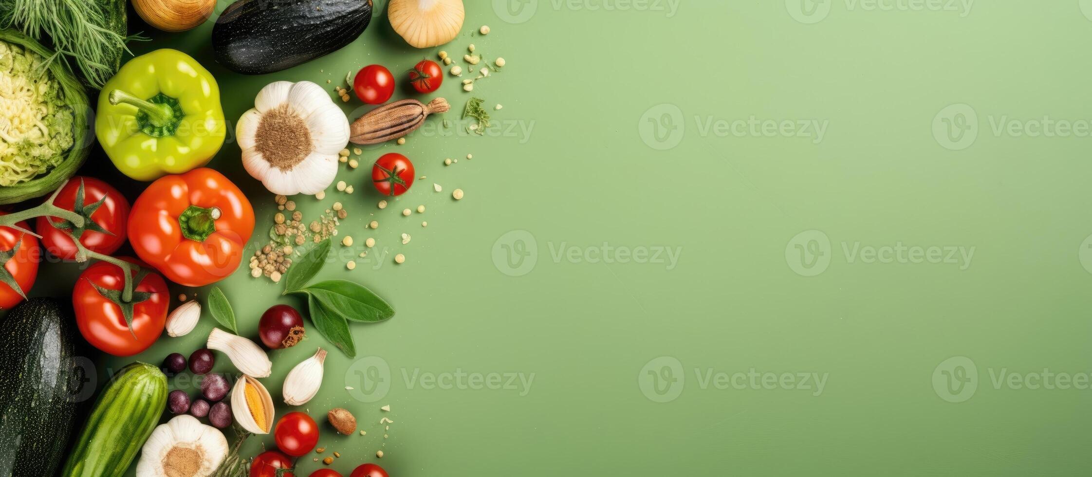 A variety of vegetables on a green background created with Generative AI technology photo