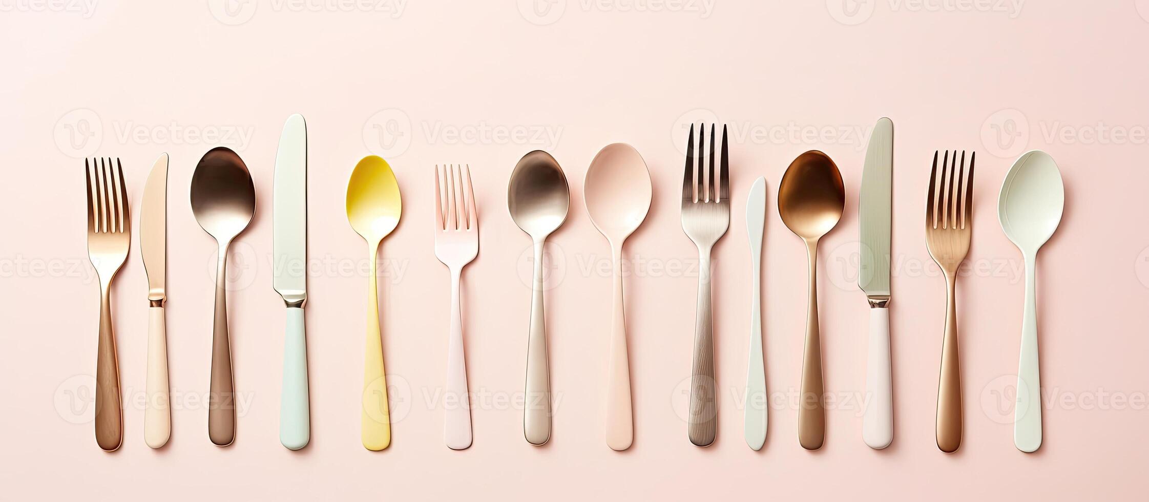 A group of forks and spoons lined up in a row created with technology photo