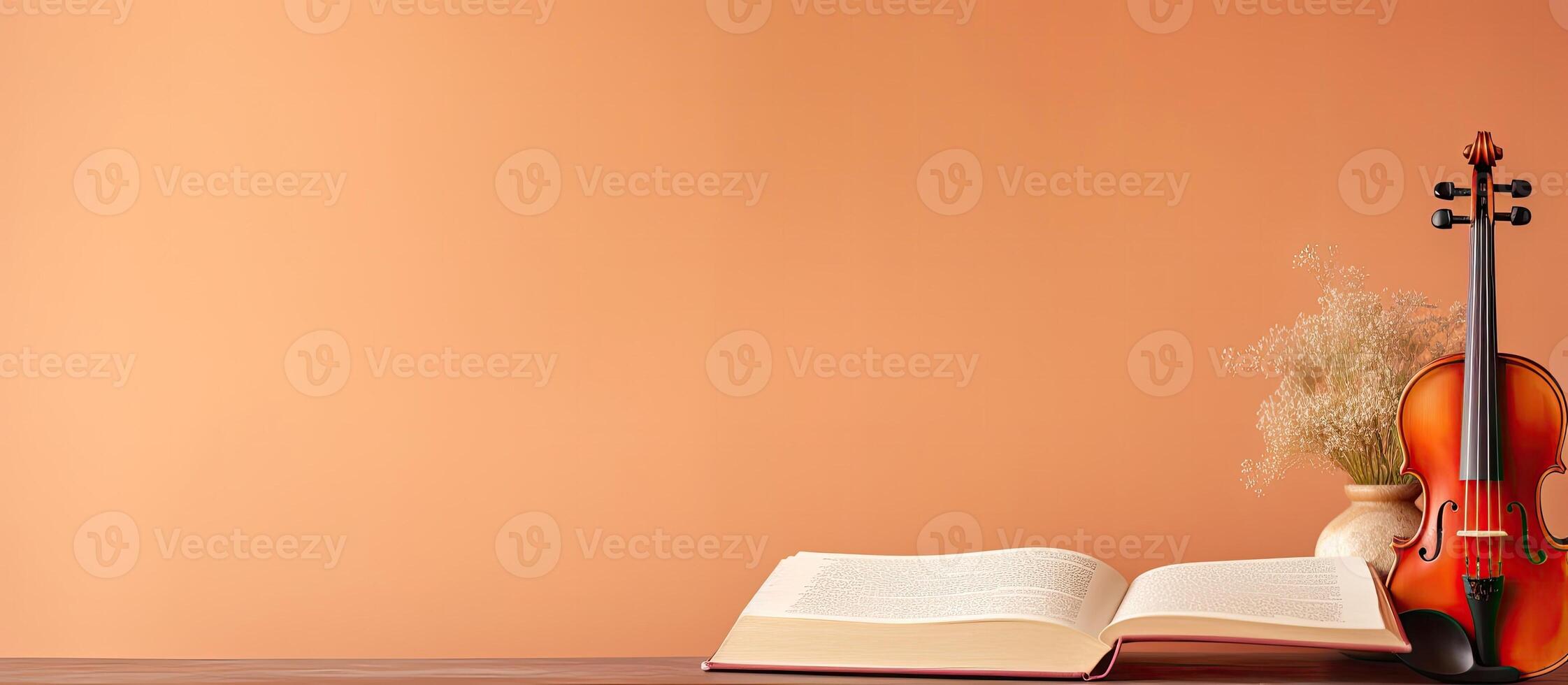A violin and an open book on a table created with technology photo