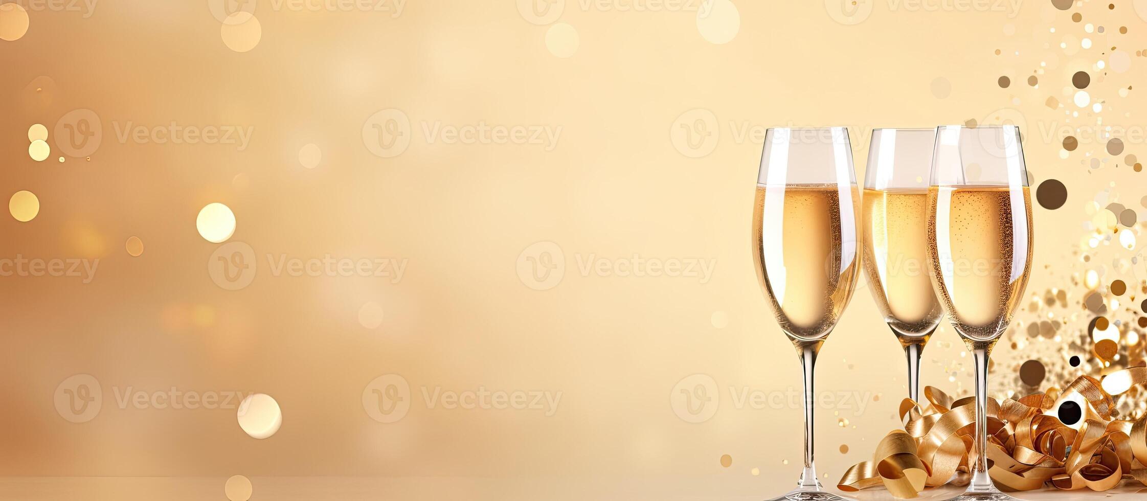 Three glasses of champagne on a table with gold confetti created with technology photo