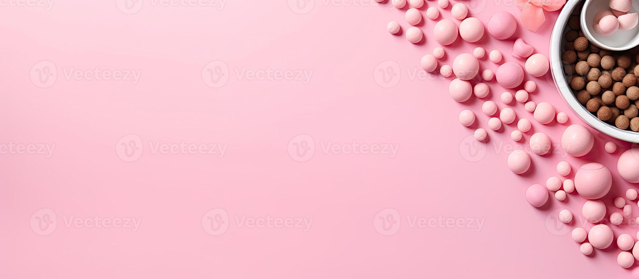 A pink background with a bowl of pink and white candy created with Generative AI technology photo