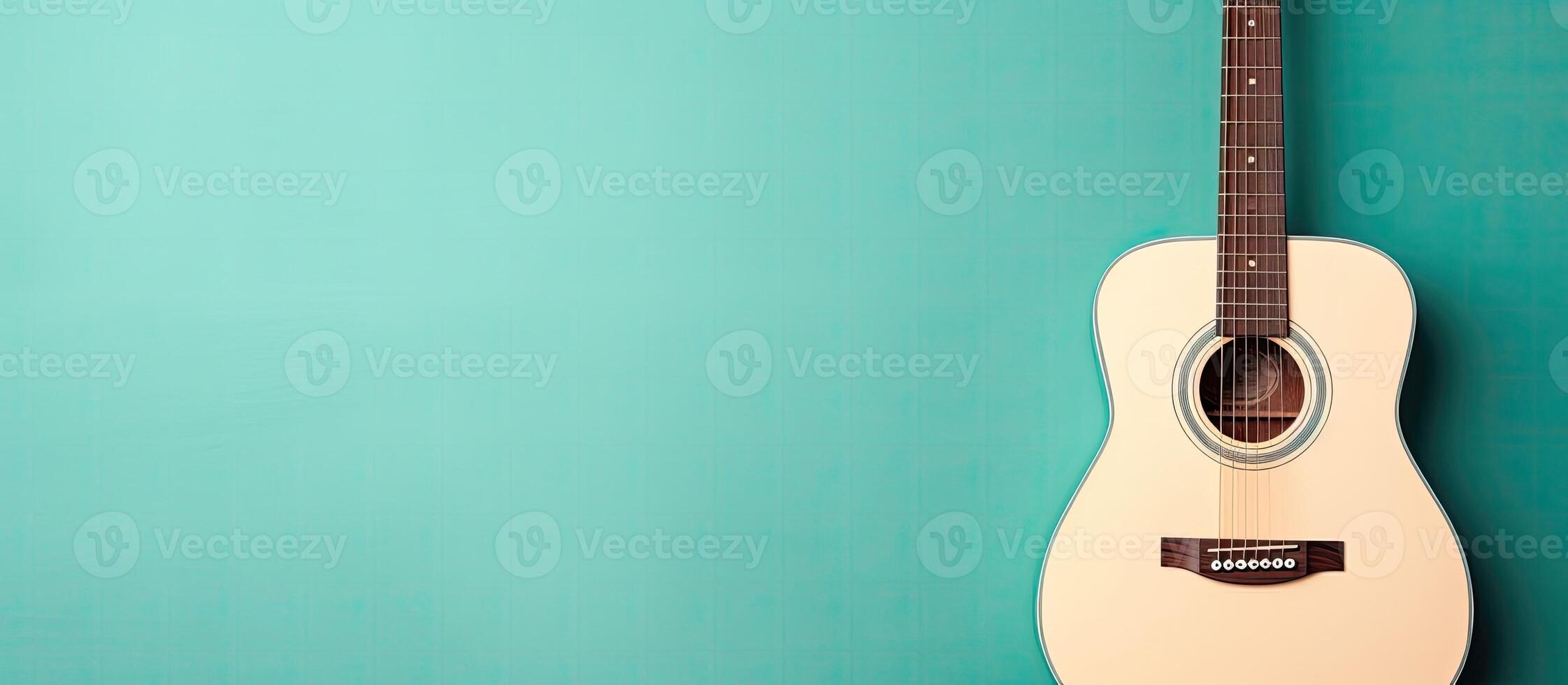 A white guitar hanging on a blue wall created with technology photo