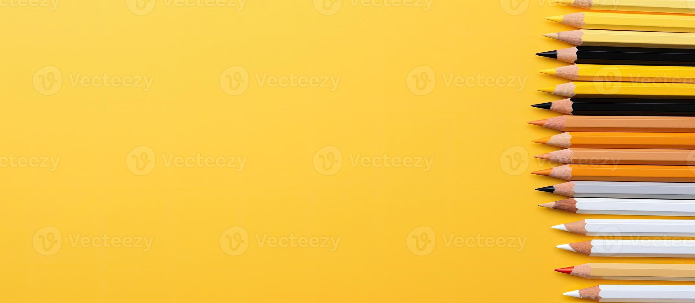 A row of colored pencils on a yellow background created with technology photo