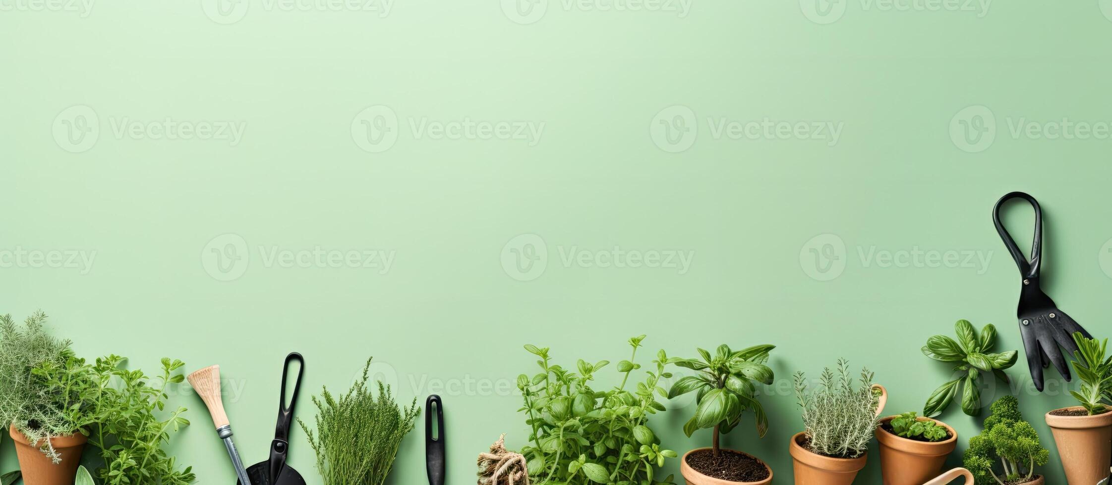 A row of potted plants with gardening utensils created with Generative AI technology photo