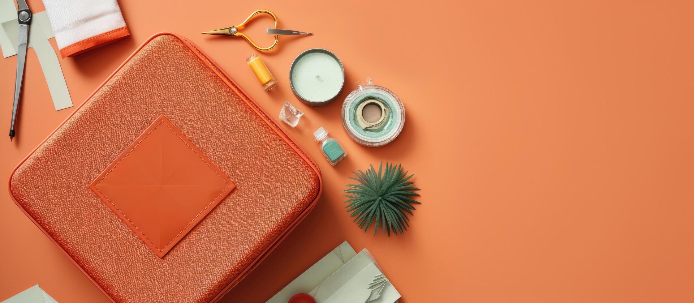 An orange case sitting on top of a table next to a pair of scissors created with Generative AI technology photo