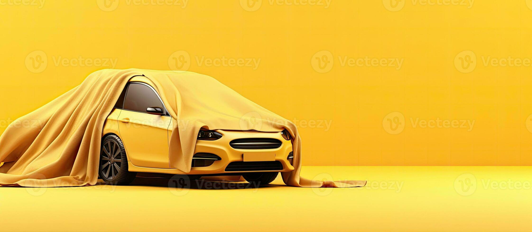 A car covered in a sheet on a yellow background created with Generative AI technology photo