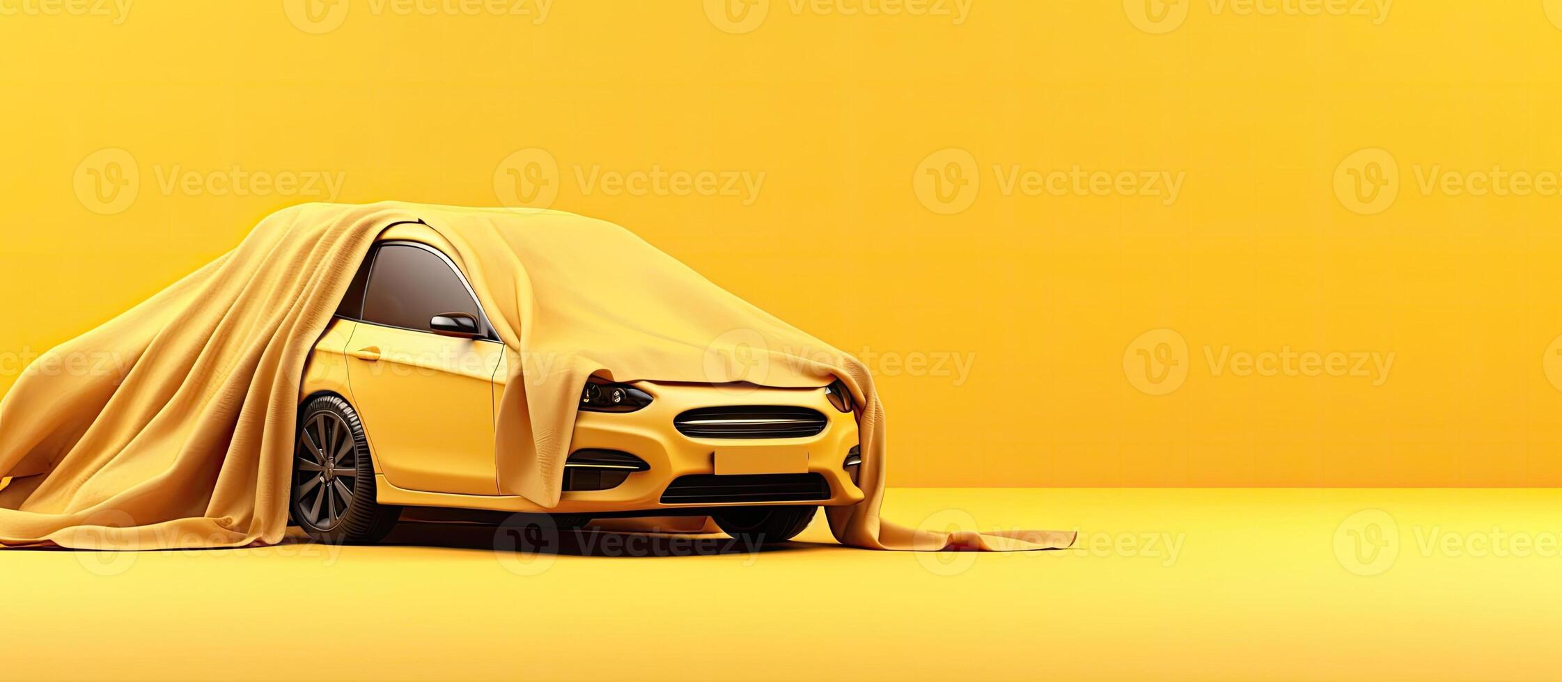 A car covered in a sheet on a yellow background created with technology photo