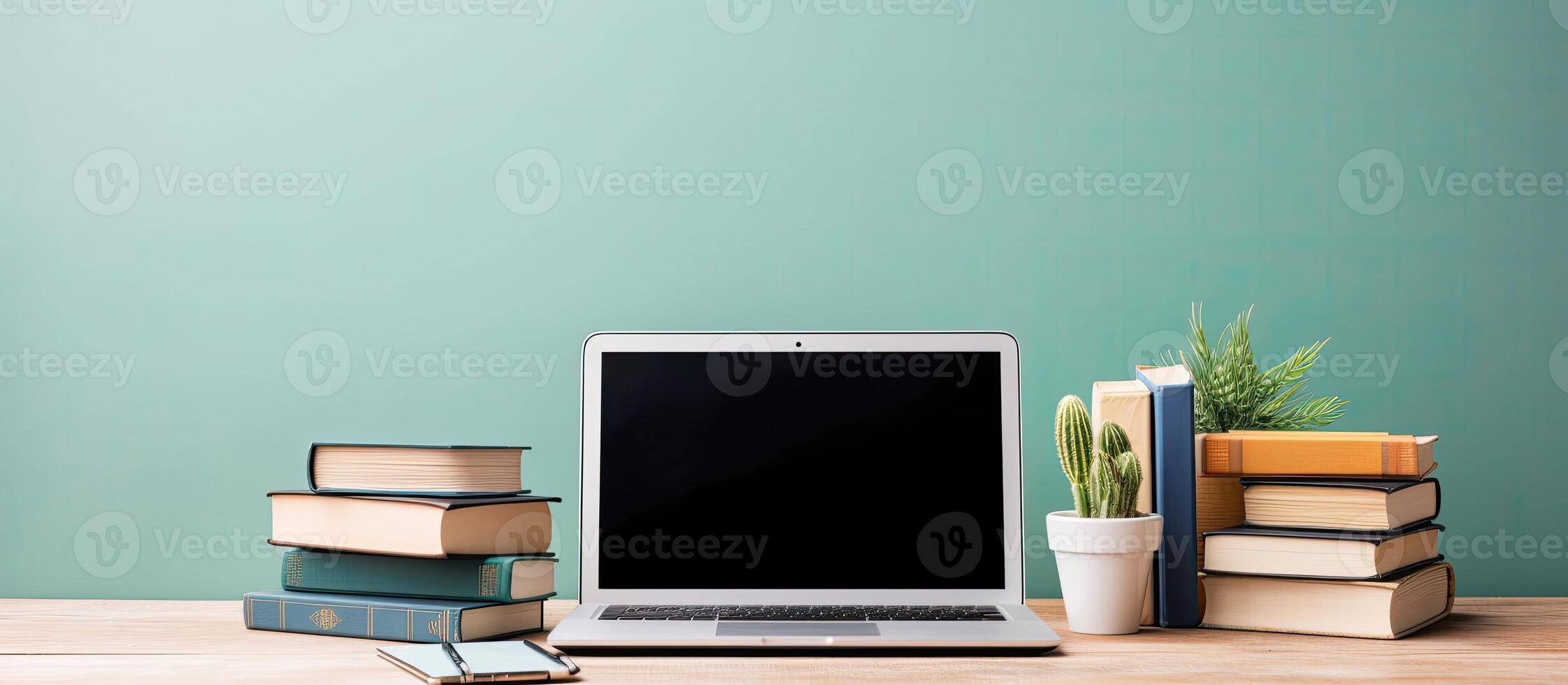 A laptop computer sitting on top of a wooden desk created with Generative AI technology photo