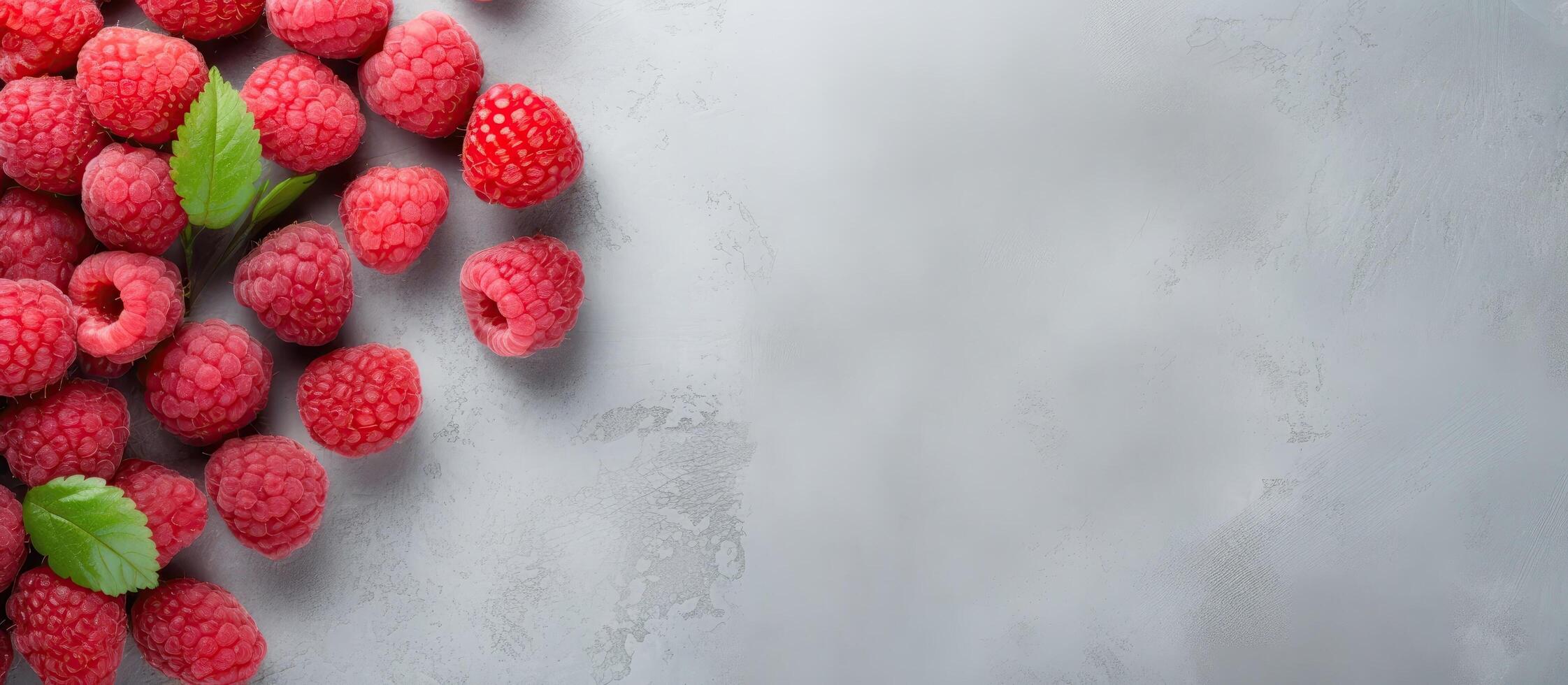 A bunch of raspberries with leaves on a gray background created with Generative AI technology photo