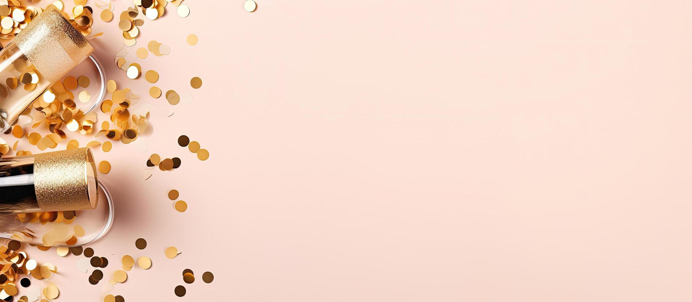 Two bottles of champagne surrounded by gold confetti created with technology photo