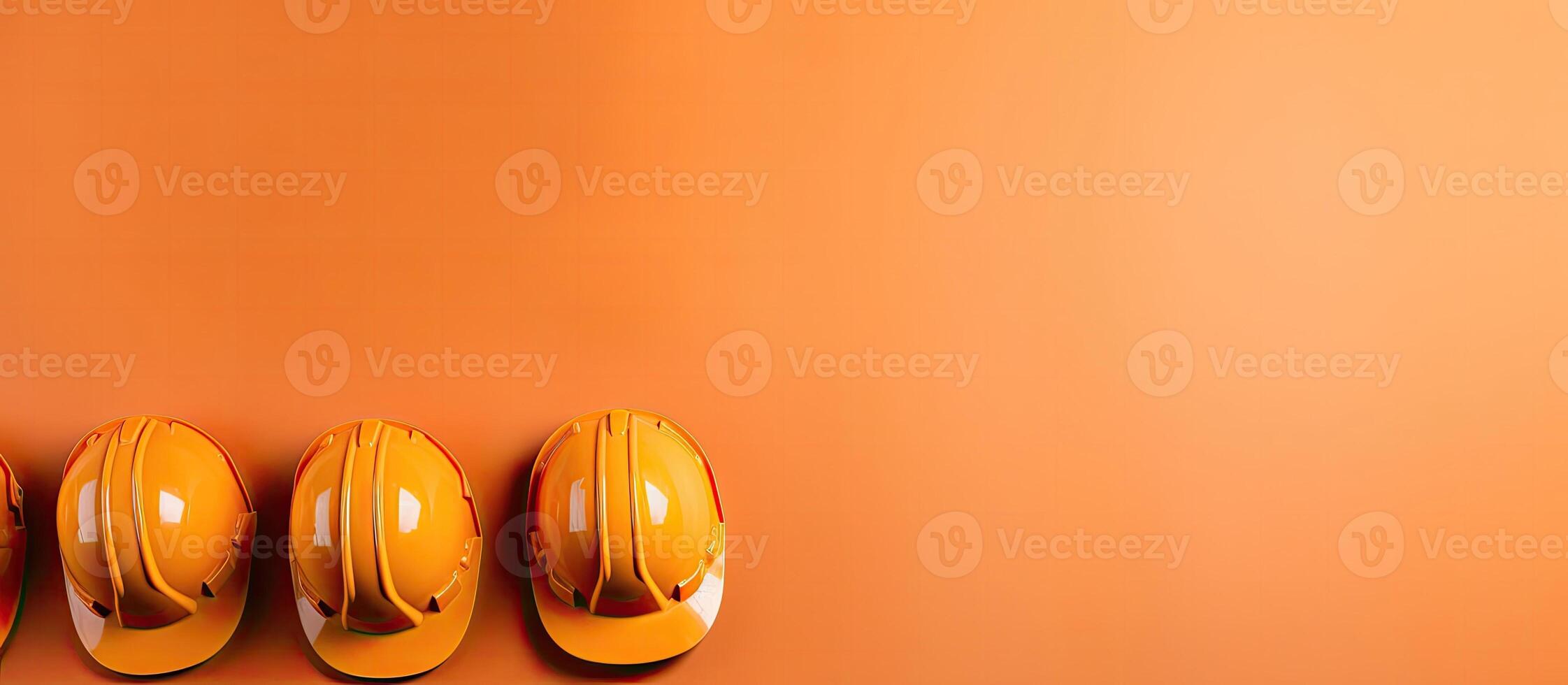 A row of yellow hard hats hanging on a wall created with Generative AI technology photo