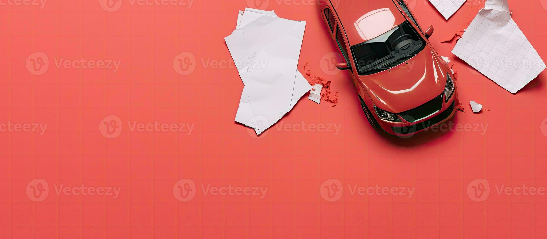 A car that has been smashed into pieces of paper created with Generative AI technology photo