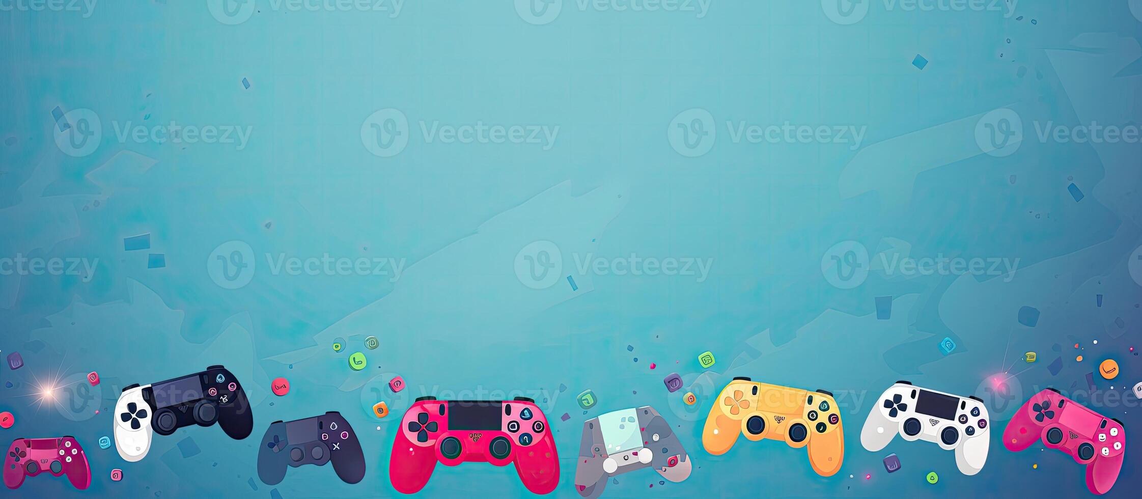A row of game controllers on a blue background created with technology photo