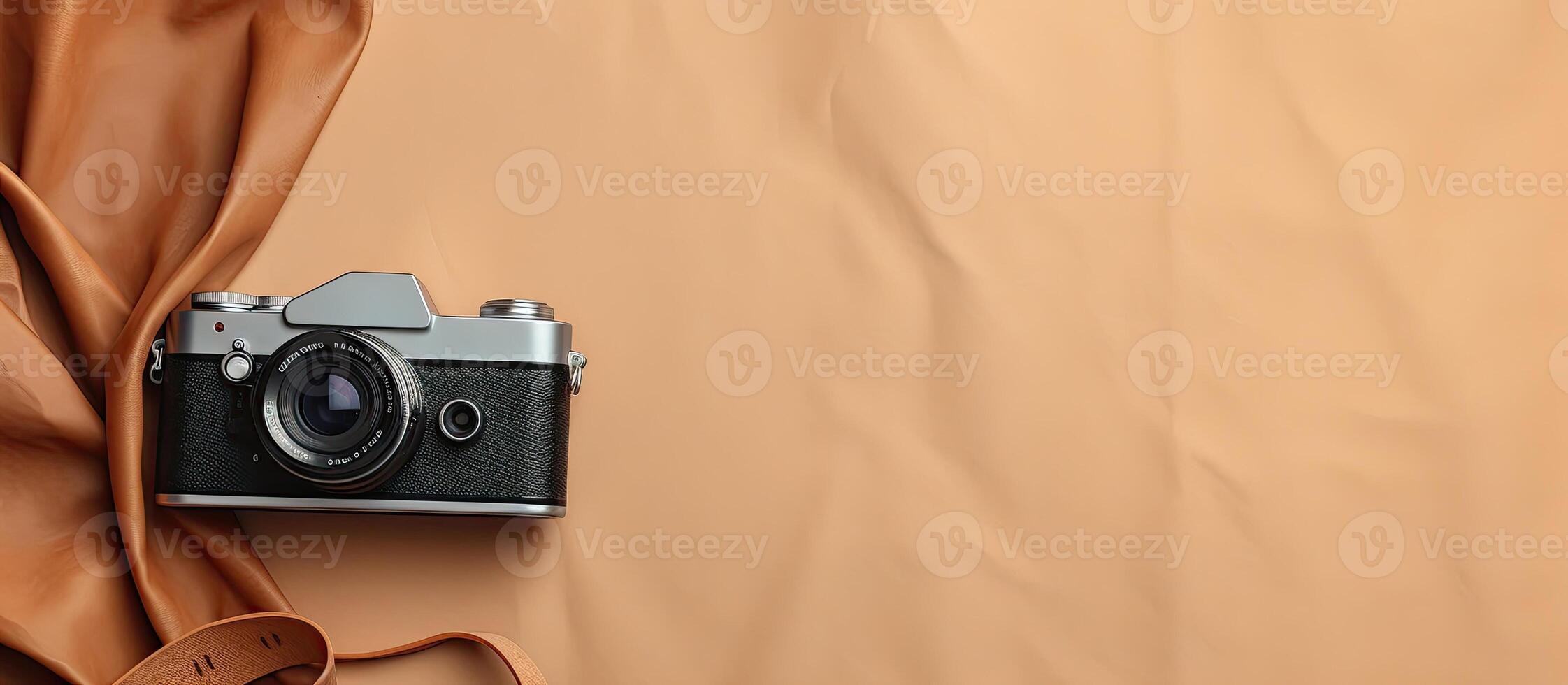 A camera sitting on top of a brown cloth created with Generative AI technology photo