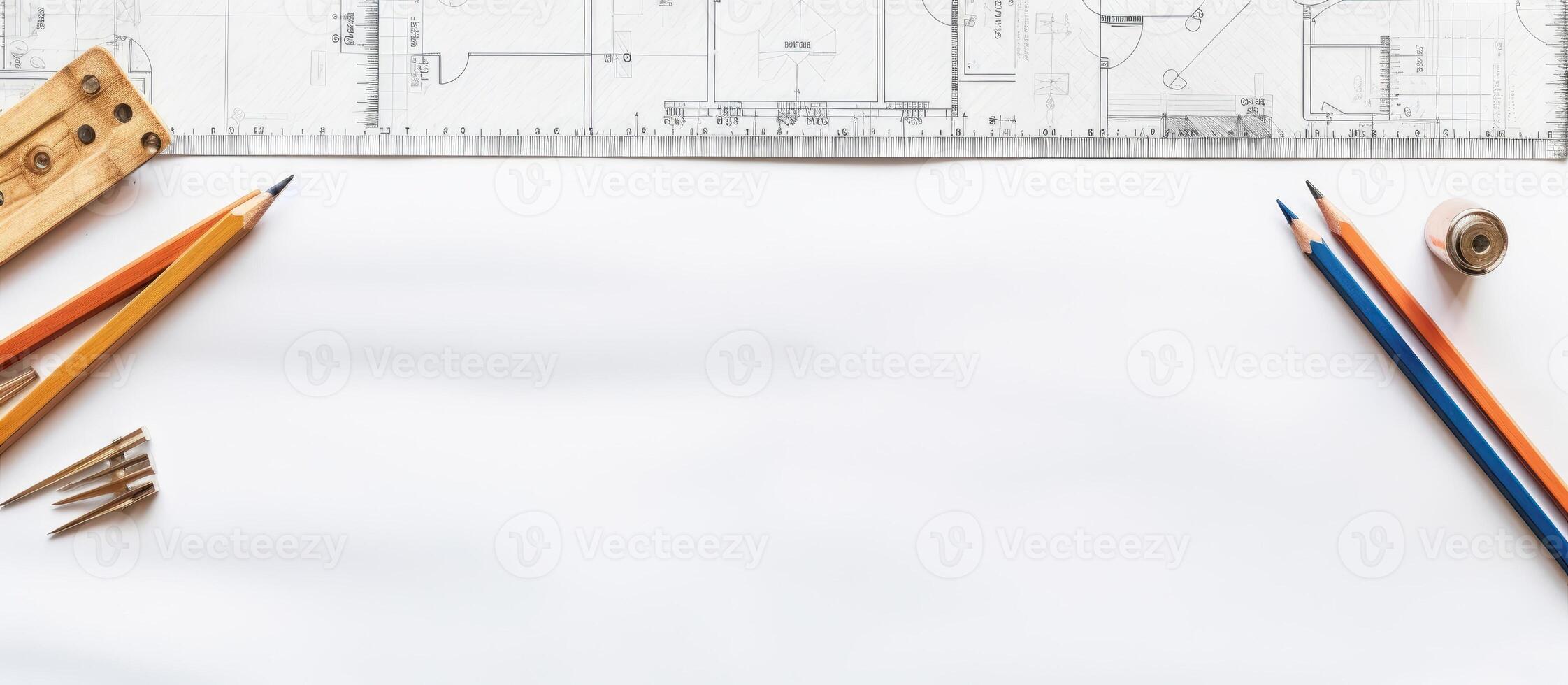 A ruler, pencils, tape measure, and pencils on top of a created with technology photo